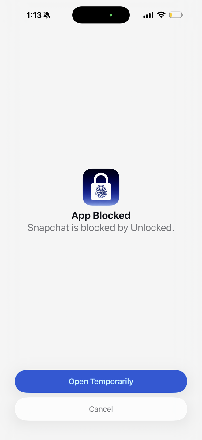 Unlocked block screen: Snapchat is blocked by Unlocked