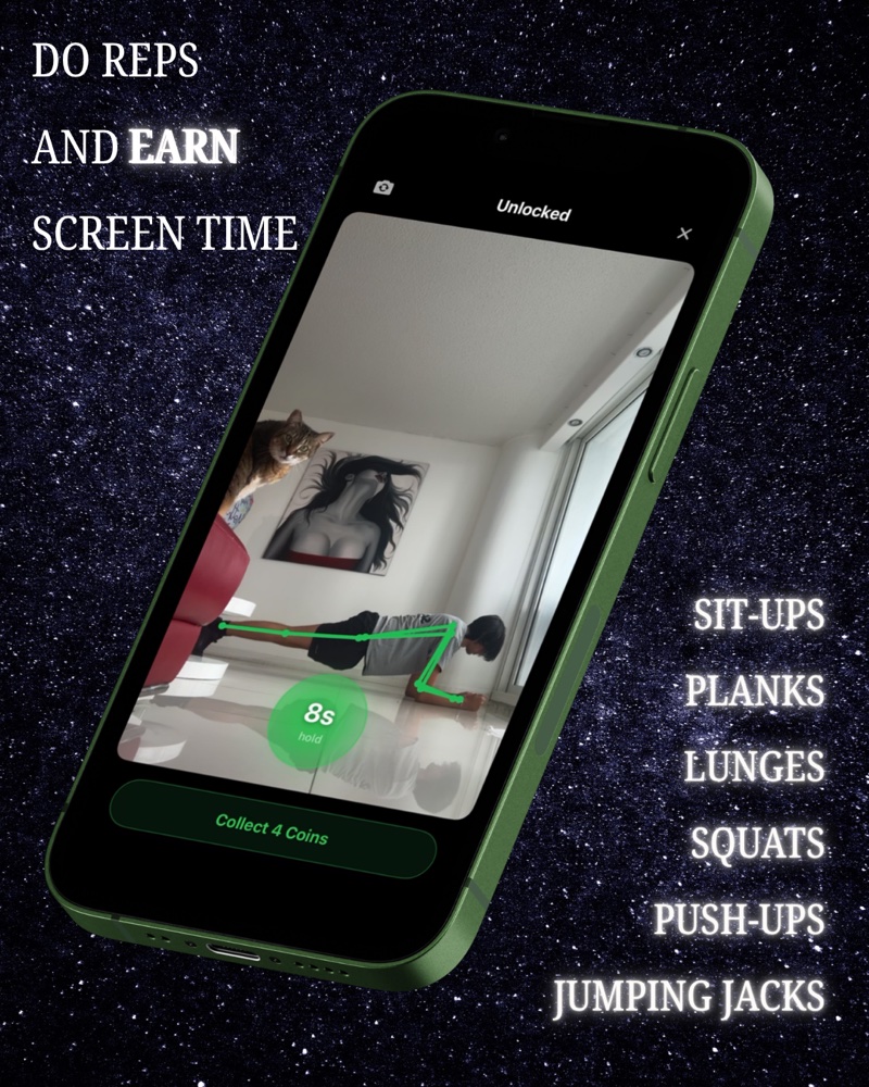 Do reps and earn screen time — sit-ups, planks, lunges, squats, push-ups, jumping jacks